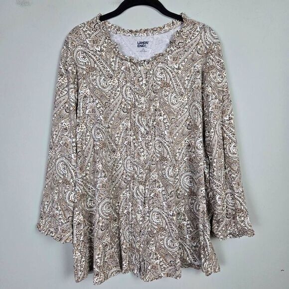 Lands End Womens Artsy Paisley Ruffle Neck Top Size 2x Brown Button Up Edwardian - Picture 1 of 9